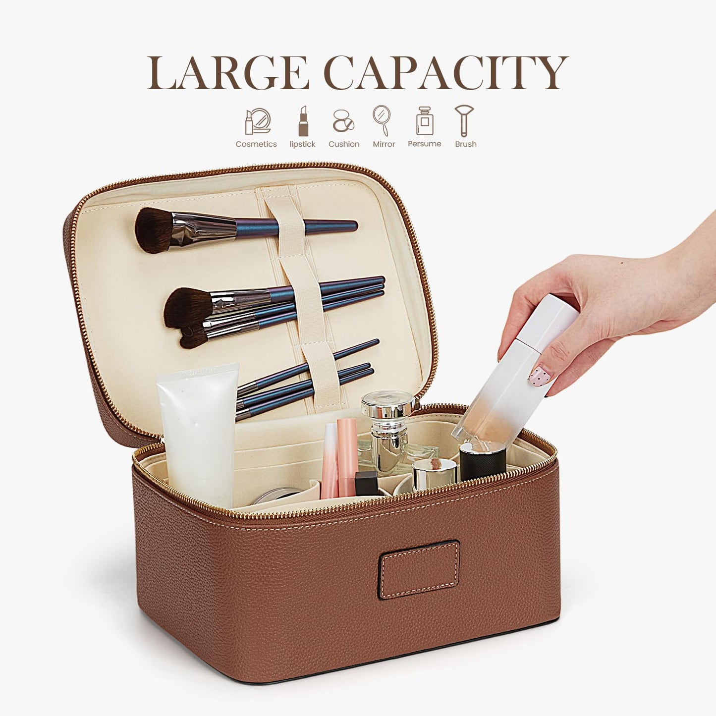 HiTotes Makeup Bag Large Vanity Case for Women Travel Cosmetic Bag Makeup Case Organizer Leather Travel Toiletry Bag