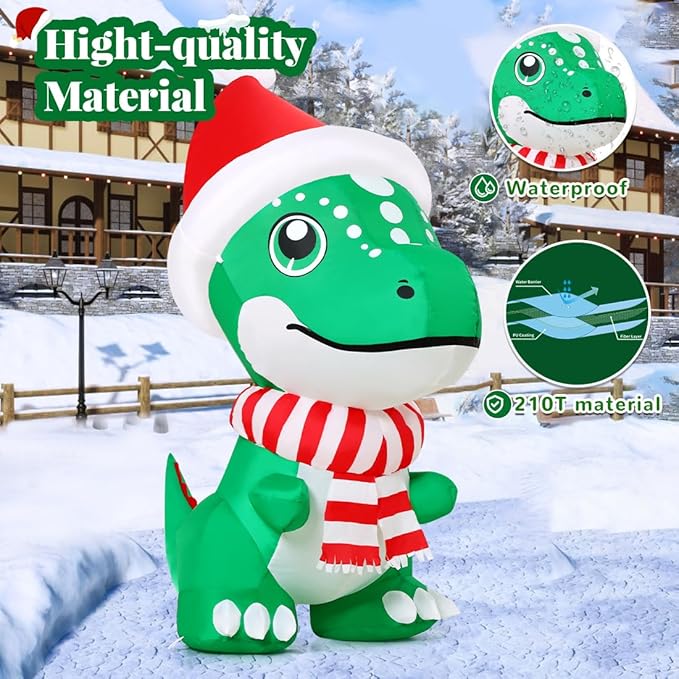 GOOSH 5 FT Christmas Inflatables Dinosaur Outdoor Decorations Blow Up T Rex with Xmas Hat Yard Decorations with Built-in LED Lights for Garden Lawn Indoor Party Décor