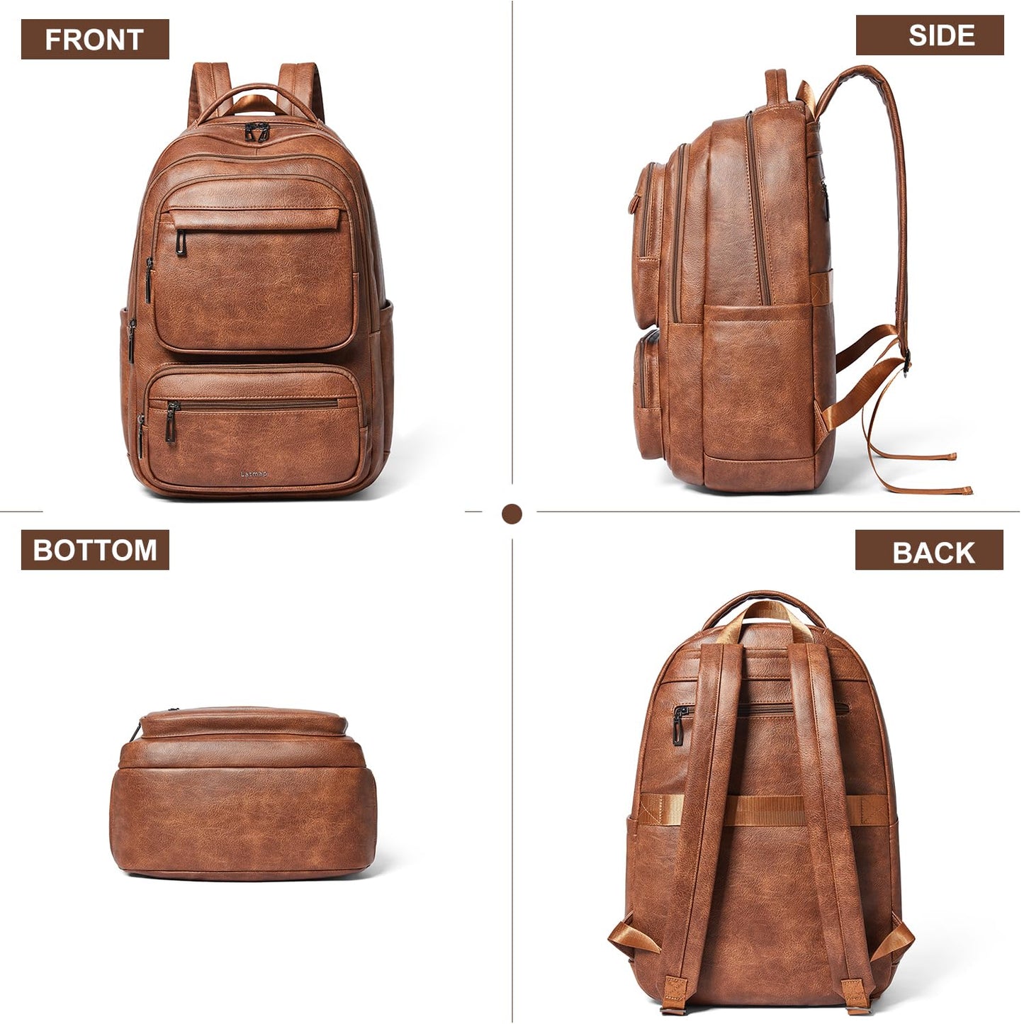LATMAP 43L Backpack For Women Men Vegan Leather Backpack Purse Shoulder Bookbag 17 16 15.6 Inch Laptop Bag Handbags For Travel Work College Large Brown
