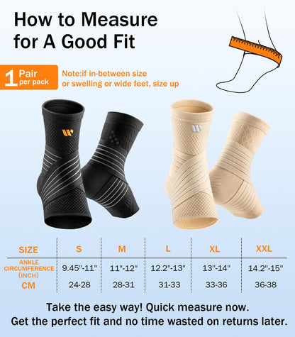 WHCOOL Low-Profile Ankle Braces for Women & Men, Customizable Ankle Compression Sleeve w/Wide Strap, Foot Support Wrap for Plantar Fasciitis Pain Relief, Achilles Tendonitis, Sprain, Black, 1 Pair, XL