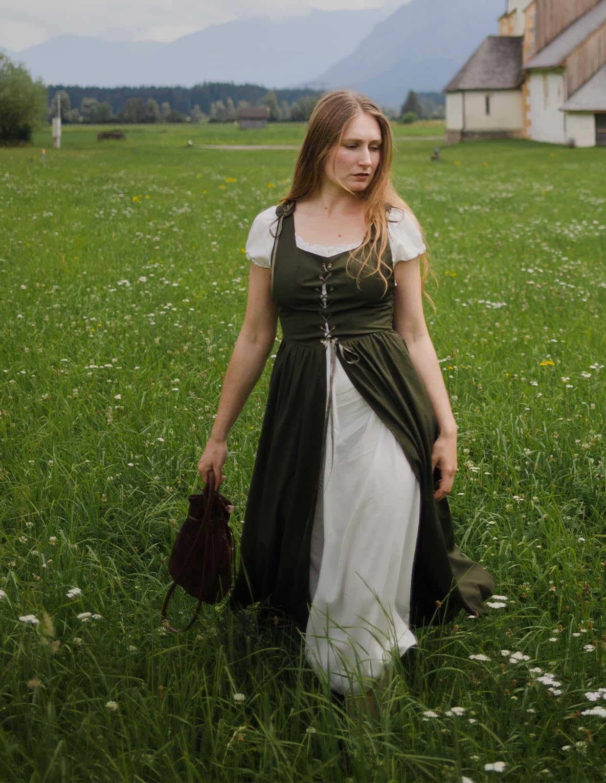 Scarlet Darkness Renaissance Costume Women Peasant Medieval Dress Short Sleeve Maxi Fairy Dresses with Pockets Olive Green L