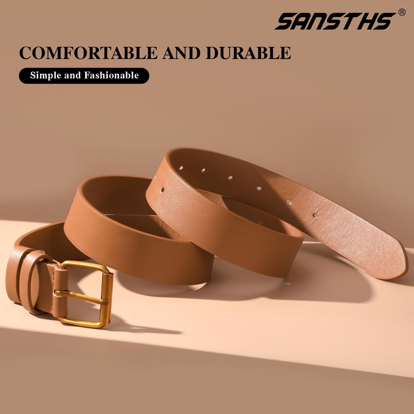 SANSTHS Belts for Women for Jeans Coats Dresses, Leather Belt Women with Classic Bronze Buckle, Brown L
