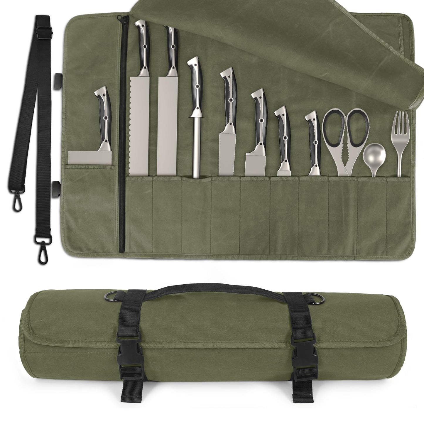 lelezone Chef Knife Roll Bag,Waterproof Waxed Canvas Knife Case Holds,Knives Roll Bags for Chefs Professional with Adjustable Strap,Chef Backpack with 11 Knife Slots and a Large Zippered Pocket