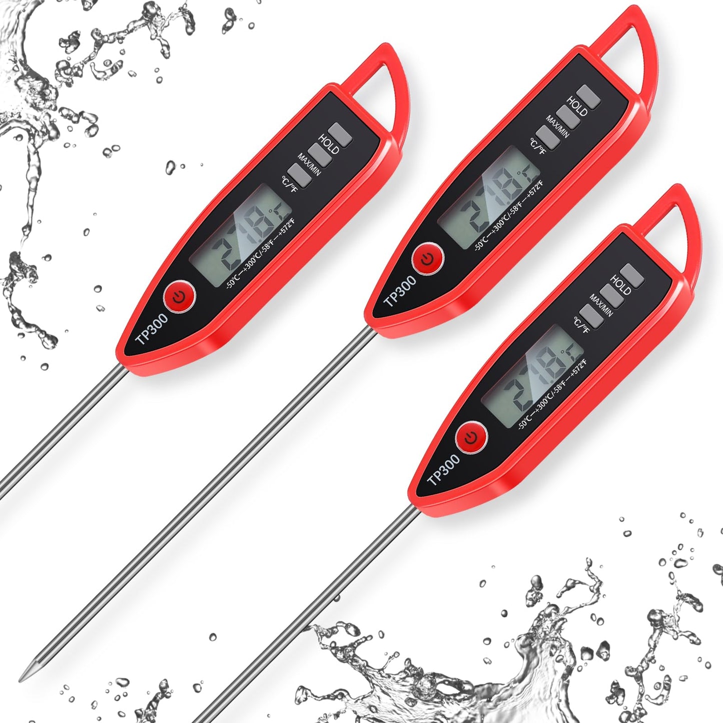 6 Pcs Instant Read Meat Thermometer with Long Probe 9.65 Inch Kitchen Cooking Food Candy Waterproof Digital Thermometer for BBQ Water Milk Yogurt Liquid (Round&Square Ring,Black,White,Red)