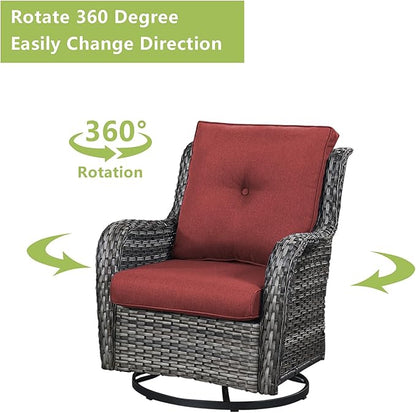 Rilyson Patio Chairs Rocking Swivel Chiar - 3 Piece Outdoor Wicker Patio Bistro Set Rattan Rocker Glider Chairs with High Back and Deep Seating for Outside Porch Deck Garden(Mixed Grey/Red)