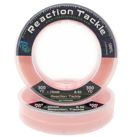 Reaction Tackle 100% Pure Fluorocarbon Fishing Line - High Strength, Abrasion-Resistant, Fast-Sinking, Virtually Invisible - Saltwater and Freshwater Leader Line - Pink - 12LB 300 Yards
