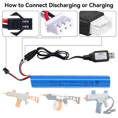 Tosiicop Airsoft Gel Blaster Battery - 7.4V 2000mAh LiPo Batteries for Splatter Ball Accessories SRB400 SRB1200 SRB400-SUB Water Bead MP5K M4 M110 with SM-2P Plug Rechargeable Charging Cable