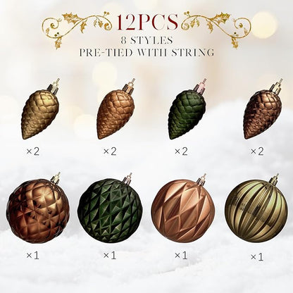 JORNOY Christmas Tree Ornaments, 4inch/100mm Shatterproof Ornaments for Christmas Tree Set - Large Plastic Decorative Hanging Balls Ornaments for Xmas Tree Decorations Party, 12ct (Earth Tone)