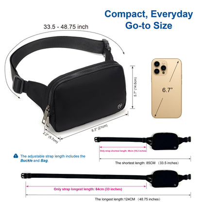 Pander Belt Bag Large 2L, Nylon Fanny Pack Purse for Women and Men with Adjustable Strap, Black Onyx, Large, Solid