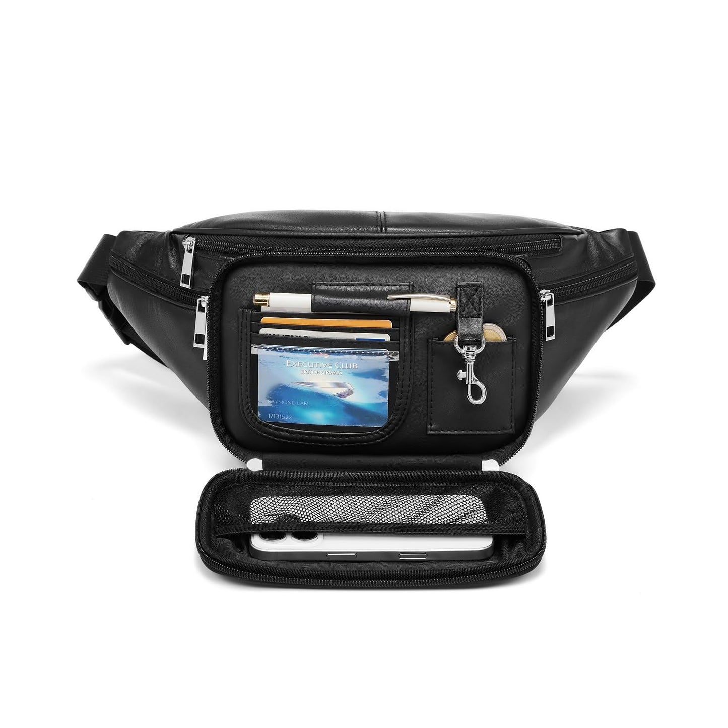 Genuine Leather Large 7 Pocket Waist Pack with Organizer, Card Slots (Black)