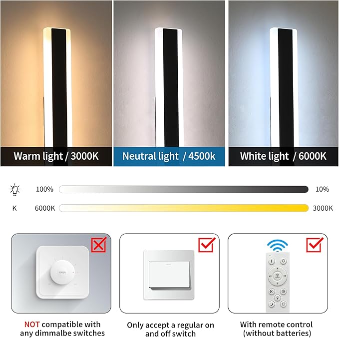 2 Pack Outdoor Wall Light Fixture, 39.3inch Black Modern Wall Sconce, IP65 Waterproof Dimmable 3000K-6000K with Remote Control, Outside Patio Lighting for Porch, Yard, Garage, Garden