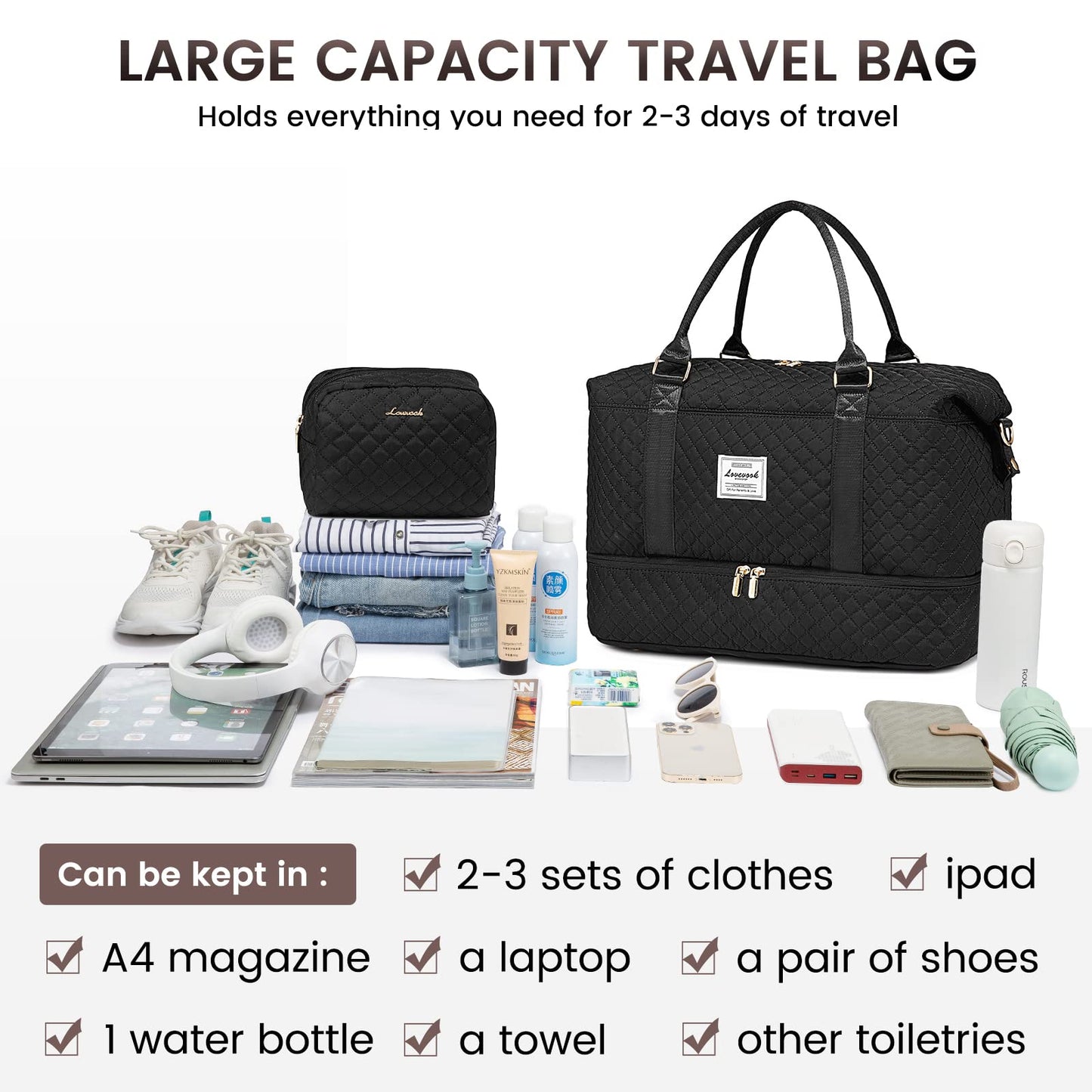 LOVEVOOK Travel Duffle Bag, Weekender Bags for Women with Shoe Compartment, Carry on Overnight Bag with Toiletry Bag, Gym Duffel Bag with Wet Pocket, Hospital Bags for Labor and Delivery, Black