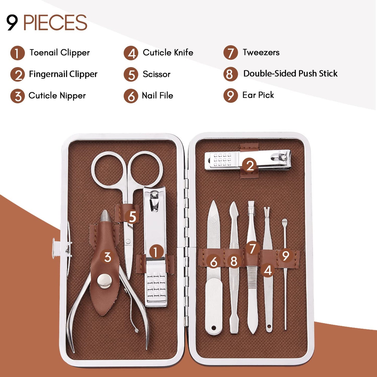 FAMILIFE Manicure Set, Nail Professional Kit Manicure Kits Nail Clipper Sets, 13PCS Stainless Steel Pedicure Sets Mens Grooming Tool, with Brown Leather Travel Case for Men