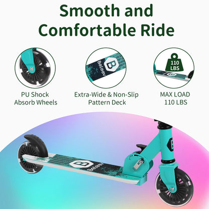 BELEEV Scooters for Kids Ages 3-12 with Light-Up Wheels & Stem & Deck, 2 Wheel Folding Scooter for Girls Boys, 3 Adjustable Height, Non-Slip Pattern Deck, Lightweight Kick Scooter for Children (Aqua)
