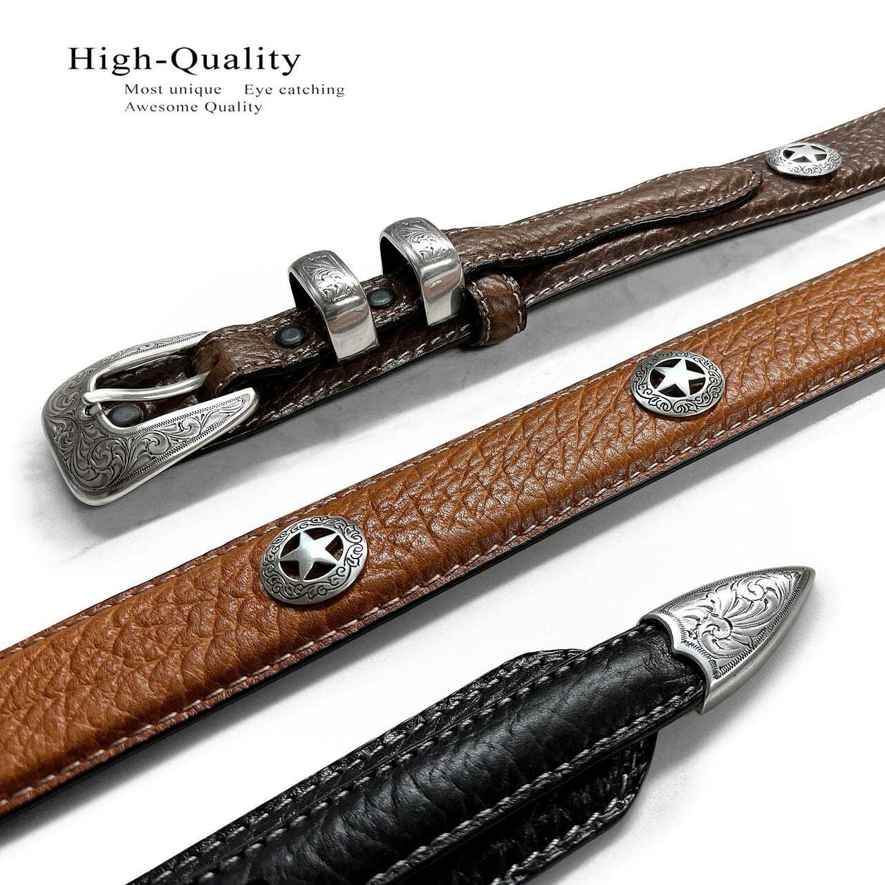 Silver Engraved Ranger Star Concho Genuine Leather Western Ranger Belt (Black, 42)
