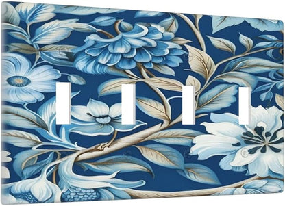 Blue Flowers Branches Leaves Floral Pattern Light Switch Covers Quad Toggle 4 Gang Wall Plate Decorative Switchplate Electrical Faceplate for Farmhouse Bathroom Living Decor