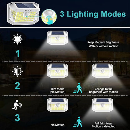 WELALO Solar Motion Sensor Lights Outdoor, [3 Modes/4 Pack/188 LED] 270° Wide Angle Lighting, Security Solar Powered Wall Lights, IP65 Waterproof Flood Lights for Fence Porch Yard Patio(White)