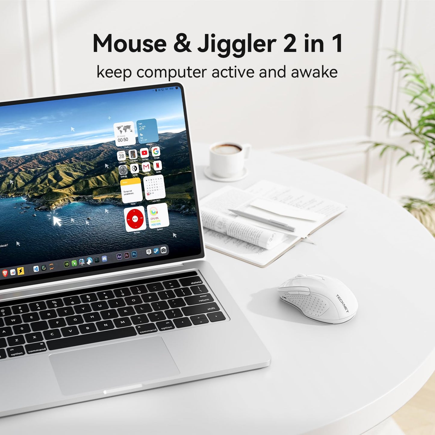 TECKNET Rechargeable Jiggler Wireless Mouse (BT5.0/3.0 & 2.4G) 4800 DPI Silent USB A & Bluetooth Mouse 6 Buttons, Wide Compatibility - Black