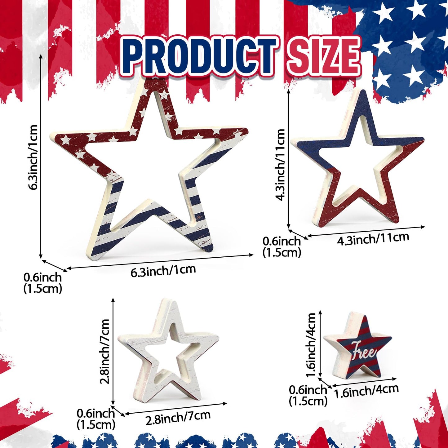 Funnymoom 4 Pcs Patriotic Table Decorations Centerpieces 4th of July Star Wooden Signs Rustic Double-sided Independence Day Red White Blue Stars for Tiered Tray Mantle Kitchen Shelf Memorial Day Decor