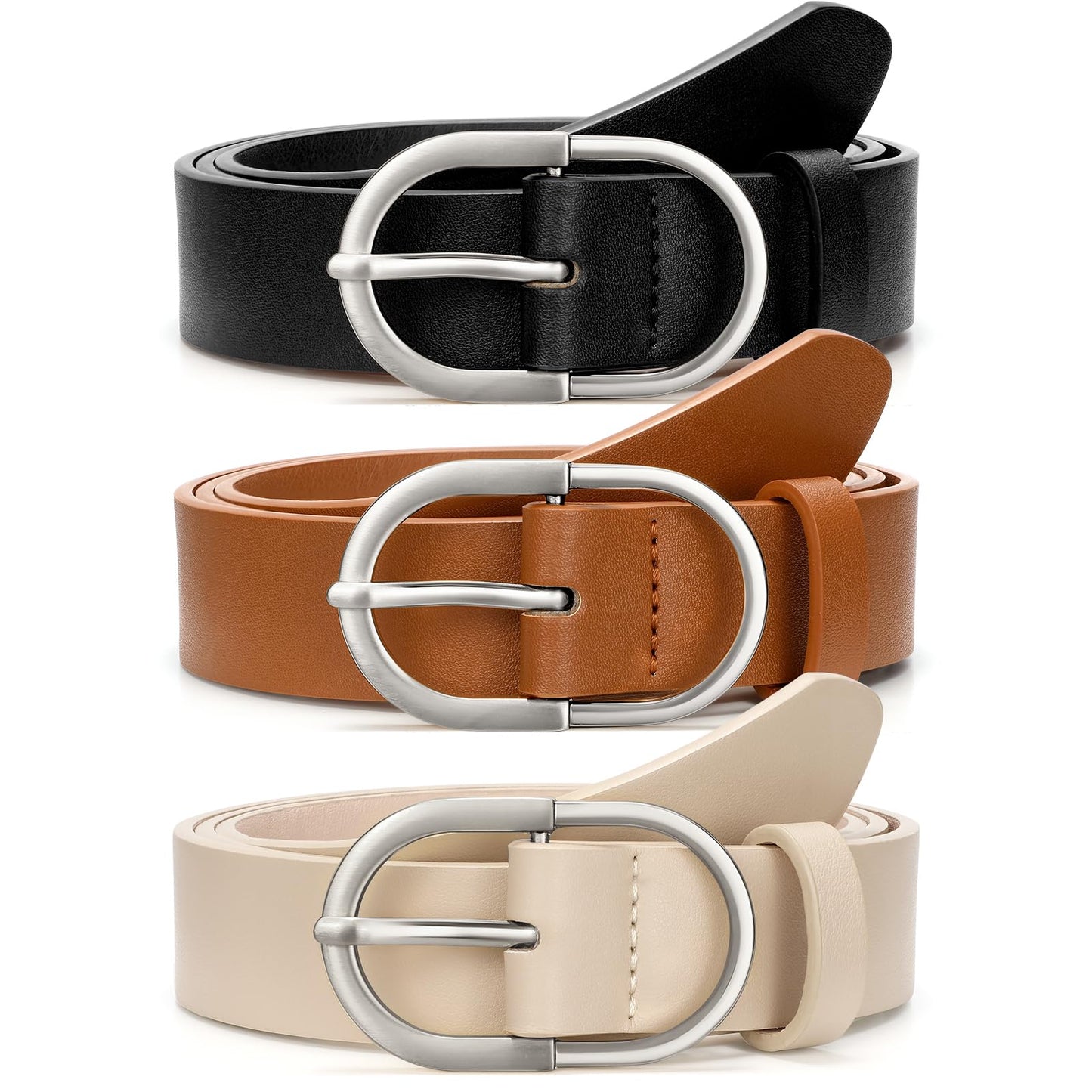 VONMELLI 3 Pack Women's Belts for Jeans Pants Fashion Silver Buckle Ladies Dress Belt Black Brown Beige M