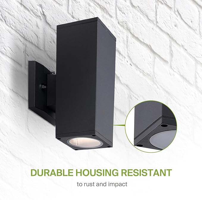 ASD 2 Light Square Dusk to Dawn Outdoor Wall Light Fixture | 120W E26 Bulb Socket 120V ETL Cylinder Up Down Lights | LED/CFL/Incandescent Bulb Wall Sconce | Front Door, Porch, Patio | Black, 2 Pack