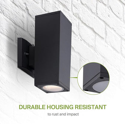 ASD 2 Light Square Dusk to Dawn Outdoor Wall Light Fixture | 120W E26 Bulb Socket 120V ETL Cylinder Up Down Lights | LED/CFL/Incandescent Bulb Wall Sconce | Front Door, Porch, Patio | Black, 2 Pack