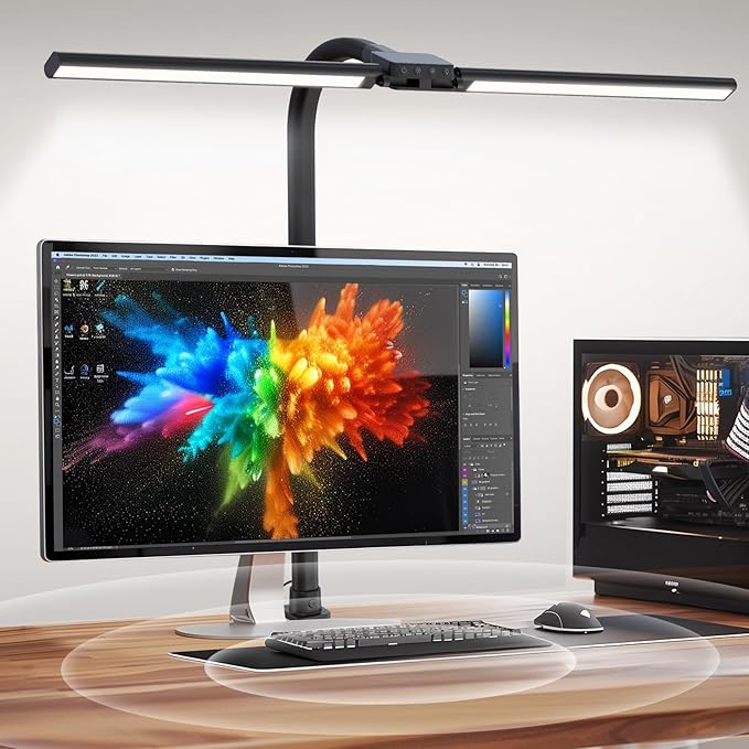 LED Desk Lamp for Home Office, Eye-Caring Desk Light with Clamp, 15W Double Head Architect Task Lamp Stepless Dimming, Flexible Gooseneck Bright Table Lamp for Study Reading Workbench Drafting