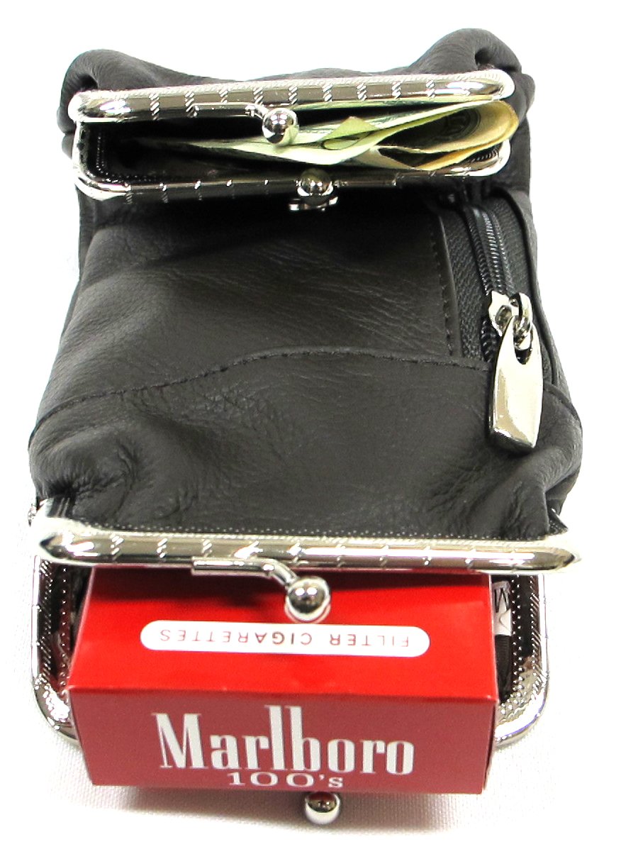Deluxe Genuine Leather Cigarette and Lighter Case with Zipper Pocket Twist Clasp Kiss Lock Closure Fit 100's - Black
