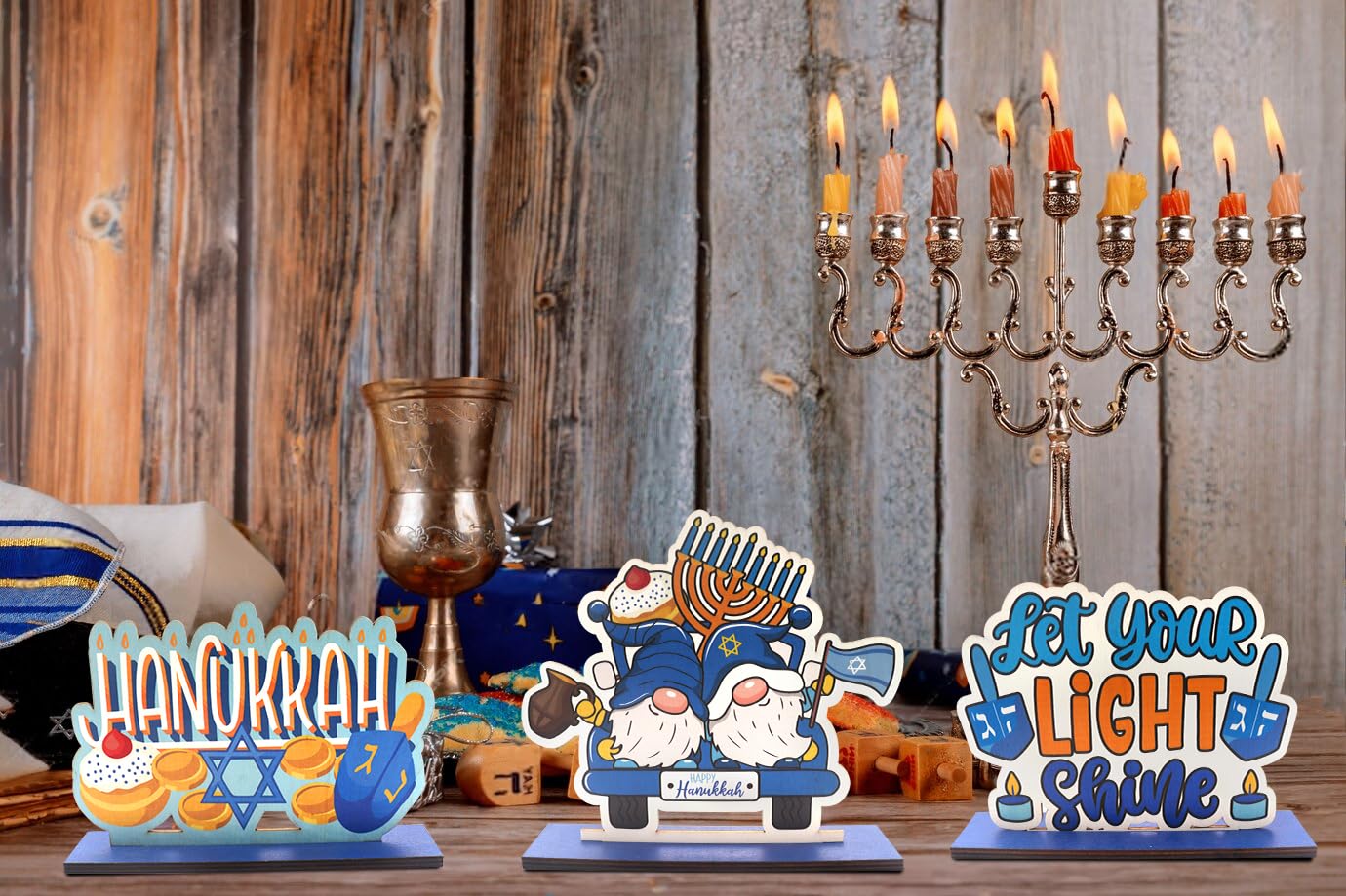 Estivaux 3 PCS Happy Hanukkah Table Centerpieces Chanukah Menorah Table Topper Decor Star of David Wooden Signs Jewish Festival Gnomes Wooden Centerpieces for Table Home Hanukkah Decorations