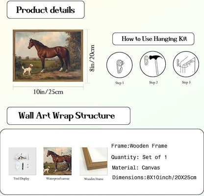Framed Vintage Wall Art, Rustic Horse and Dog Pictures Wall Decor, Farmhouse Animal landscape Paintings Canvas Prints Neutral Aesthetic Home Decor for Living Room Bedroom Bathroom Office 8x10 inch