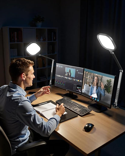 Led Desk Lamps for Home Office, Eye-Care Architect Light with Clamp, Dimmable Zoom Lighting with 3 Color Modes & 10 Brightness, Smart Computer Ring Light for Video Calls, Conference, Reading