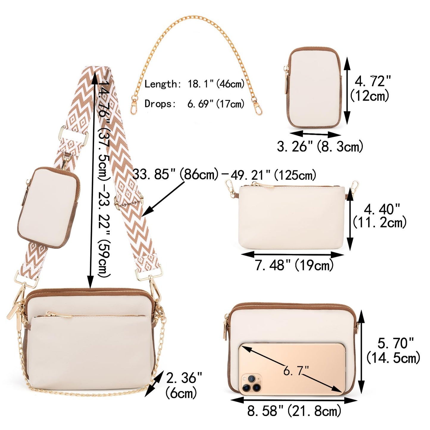 UTO Small Crossbody Bags for Women 3 in 1 Trendy Belt Purse Fashion Designer Mini Cute Sling Fanny Chest Pack
