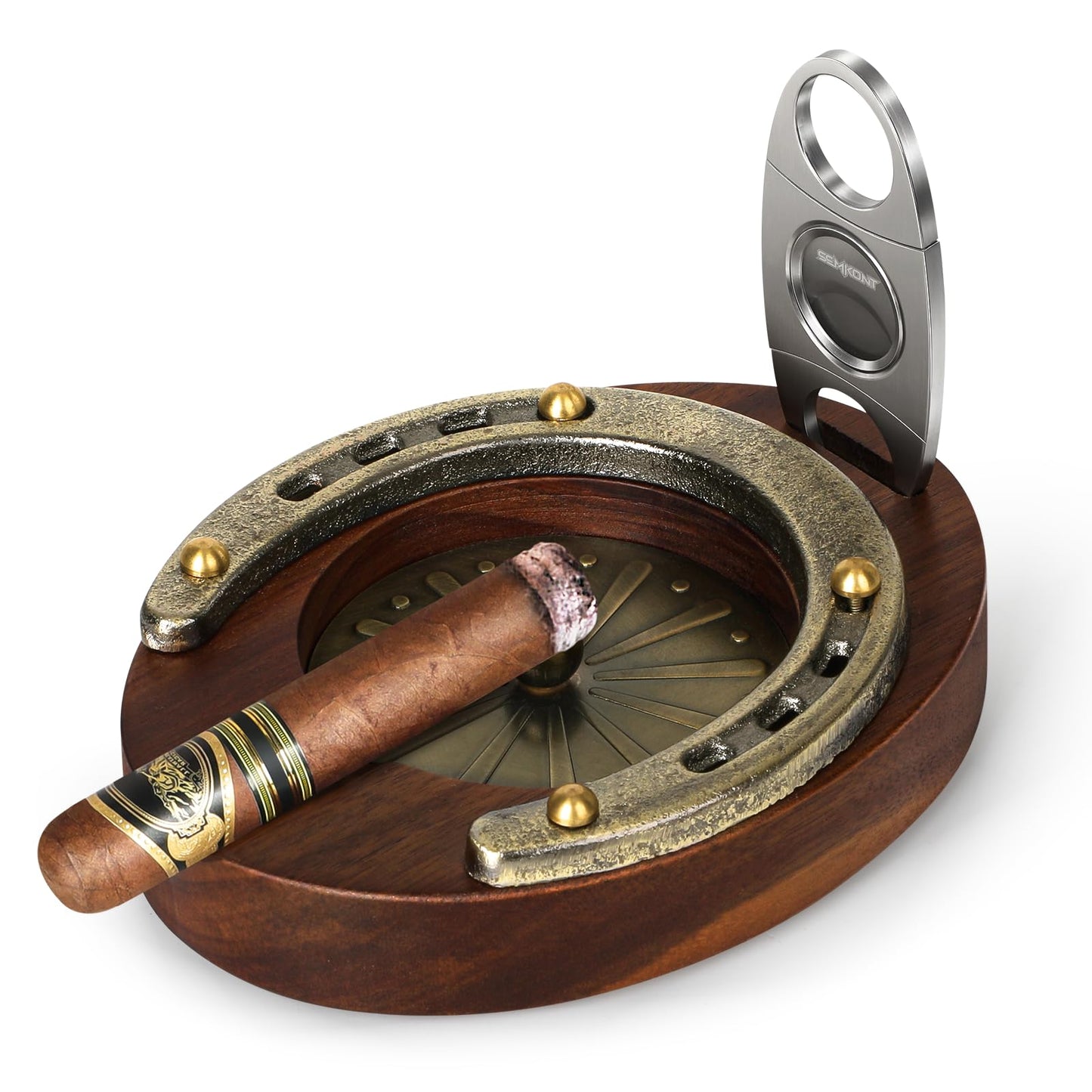SEMKONT Cigar Ashtray, Horseshoe Wooden Portable Ashtray with Cutter, Zinc Alloy Anti-scald Gasket, Cigar Slot and Holder for home, office, bar and outdoor (Brown-Portable Ashtray)