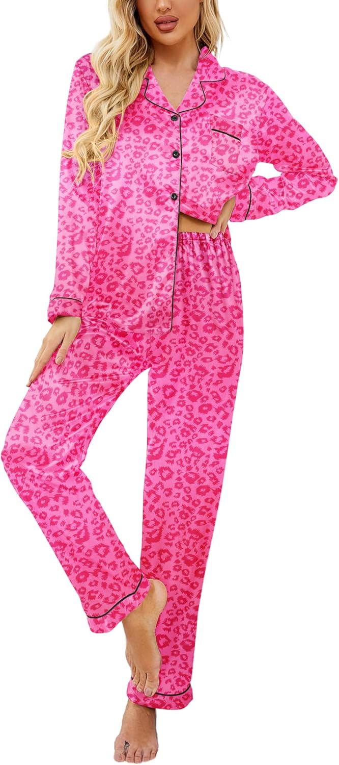 Ekouaer Women's Classic Button Down Long Satin Silk Pajama Set