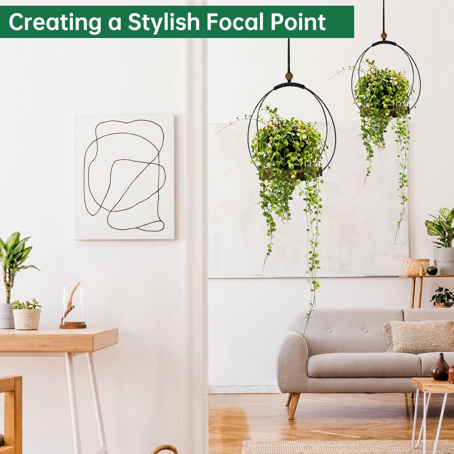 hismocal Hanging Planter for Indoor Plants, Black Plant Hanger Indoor with Sturdy Wood Base, Modern Boho Macrame Plant Hanger, Hanging Wall Ceiling Window Home Decor (Plants/Pots Not Included)
