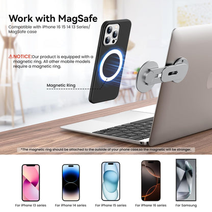 Magnetic Phone Holder for Laptop for MagSafe for iPhone 17/16/15/14/13/12 & All Phones, 180°Adjustable Phone Side Mount for Computer Monitor for Tesla, Desktop Cell Phone Bracket, Gray