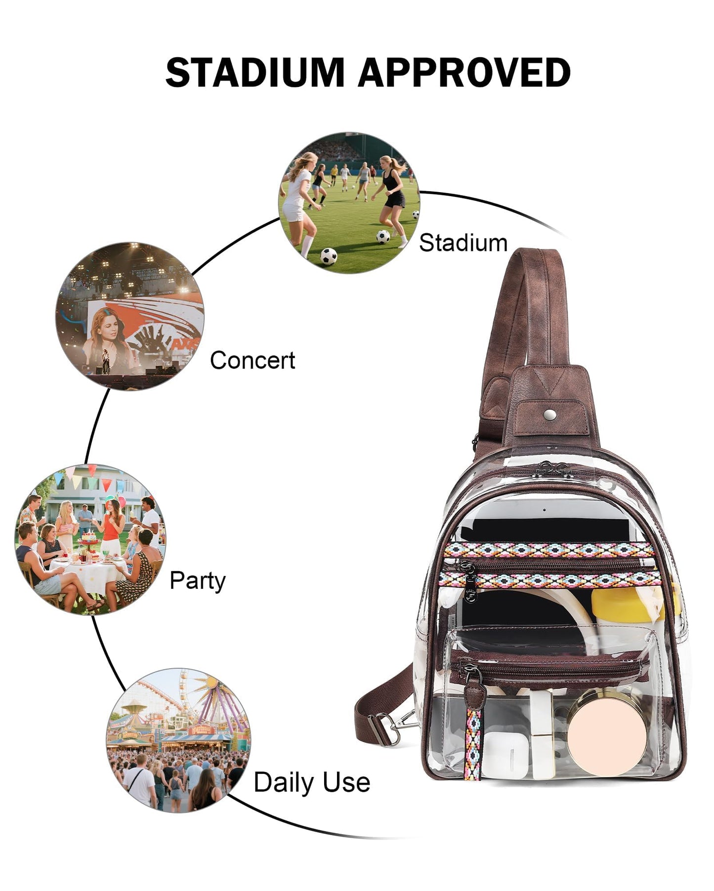 FADEON Large Clear Bag for Stadium Events, Transparent Purse Designer See Through Women's Crossbody Sling Bags Concerts Sports