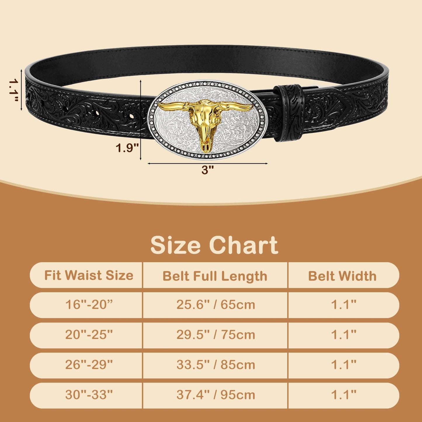 SANSTHS Kids Western Belt for Boys Girls Genuine Leather Cowboy Cowgirl Belts with Detachable Buckle for Jeans Western Gifts, Golden Bull Buckle/Black Belt