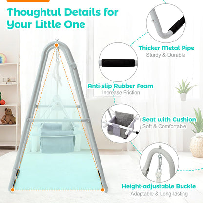 FUNLIO Baby Swing Set for Toddlers 6-36 Months, Foldable & Portable Swing for Indoor & Outdoor, Heavy Duty Metal Frame, Includes 2 Weight Bags & 4 Anti-Slip Pads, Easy to Assemble & Store – Gray