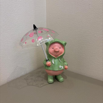 Pig Statue with Umbrella Garden Decor Hand Painted Resin Home Decor Cute Rain Coat Animal Decoration Sculpture Figurine Gift for Women Kid