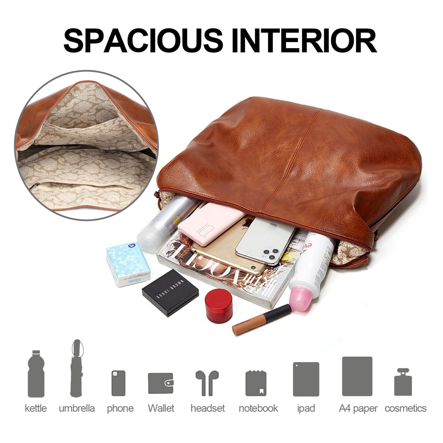 Auralith Soft Leather Handbags for Women - 3 Piece Set with Crossbody Purse & Wristlet, Large Hobo Bags for Work Travel Daily (Brown)