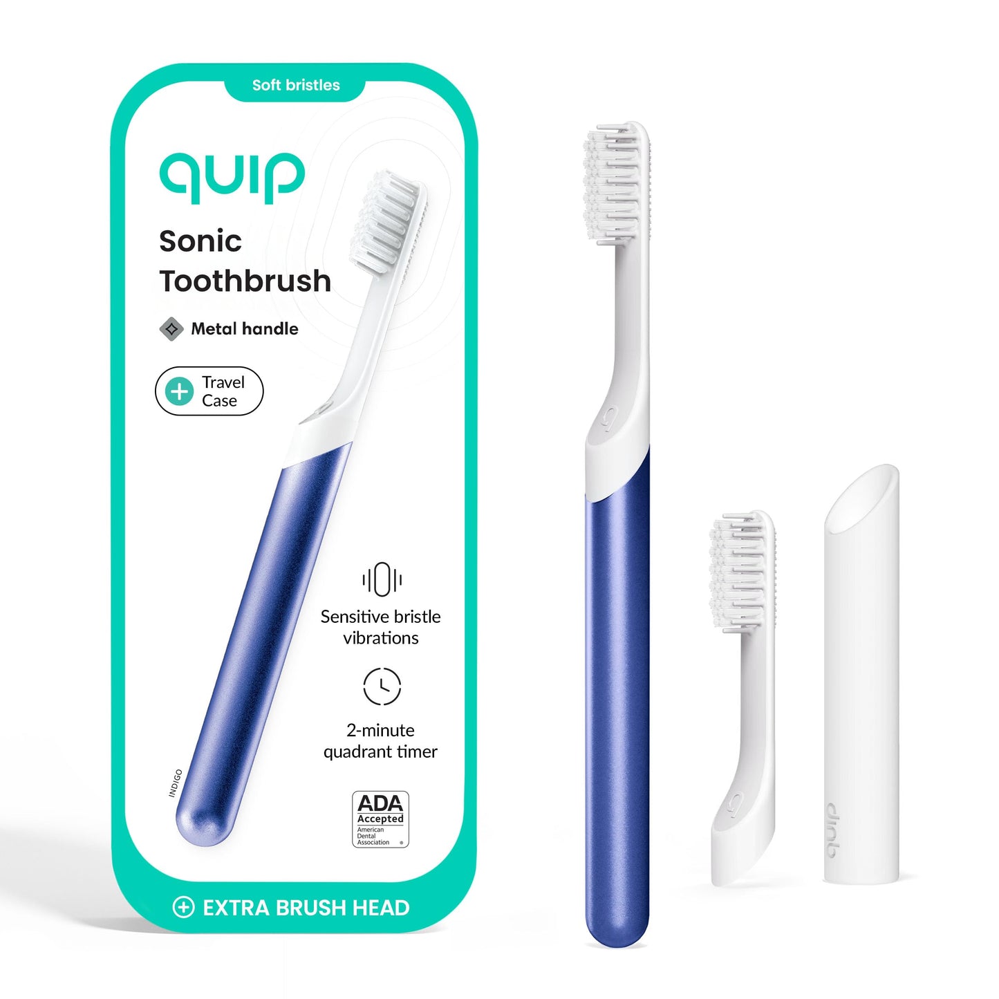 Quip Metal Sonic Electric Toothbrush for Adults - Time Travel & Soft Bristles with Travel Case & Replacement Brush Head - 3 Month Battery Life - Indigo
