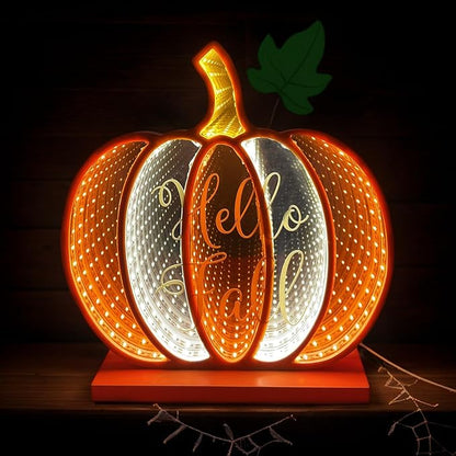 Infinity Fall Pumpkin Décor, Light Up Harvest Pumpkin Lights with USB Powered,8.58 Inch H Standing Fall Pumpkin for Table,Shelf or Room Decoration