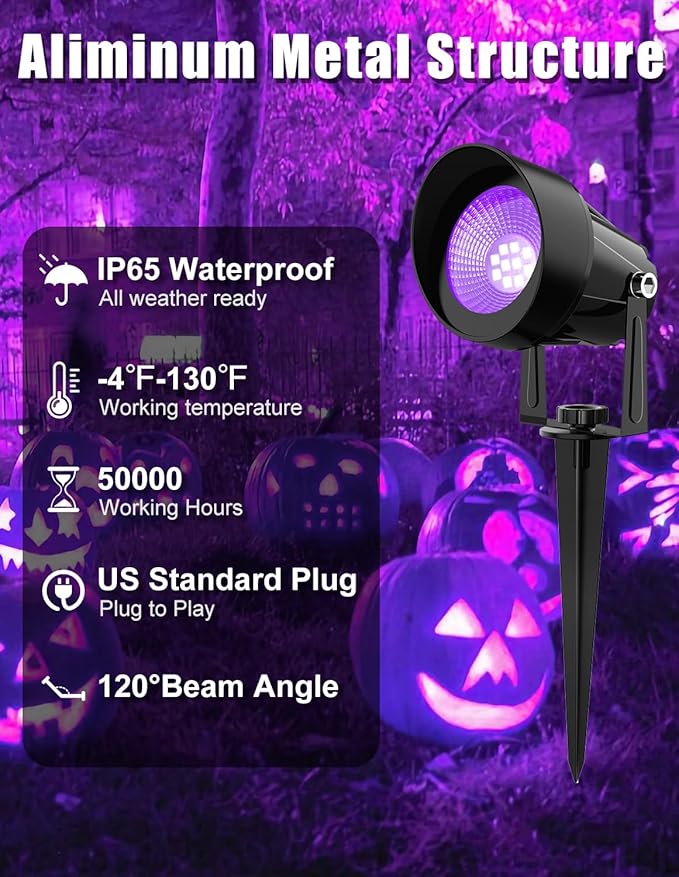 Halloween Outdoor Black Light Spotlight, LED Black Lights Waterproof Landscape Lights with US Plug for Glow Party Body Paint Fluorescent Poster Stage Lighting Yard Garden Decoration(4 Pack)