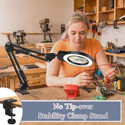 Magnifying Glass Light Clamp Desktop Lamp Stand Desk Table Close Work Up for Crafting, Model Assembly, Reading, Sewing, Jewelry Making, 10X-5X HD Magnifier 50 illumination Options for Elderly