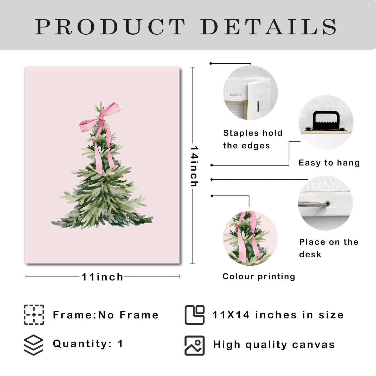 JWVK Ty-You-031 Prints Pink Coquette Bow Trendy Christmas Pine Tree Framed Wall Art Canvas Decor Decorations for Bedroom, Pink Christmas Signs Sign, 11x14