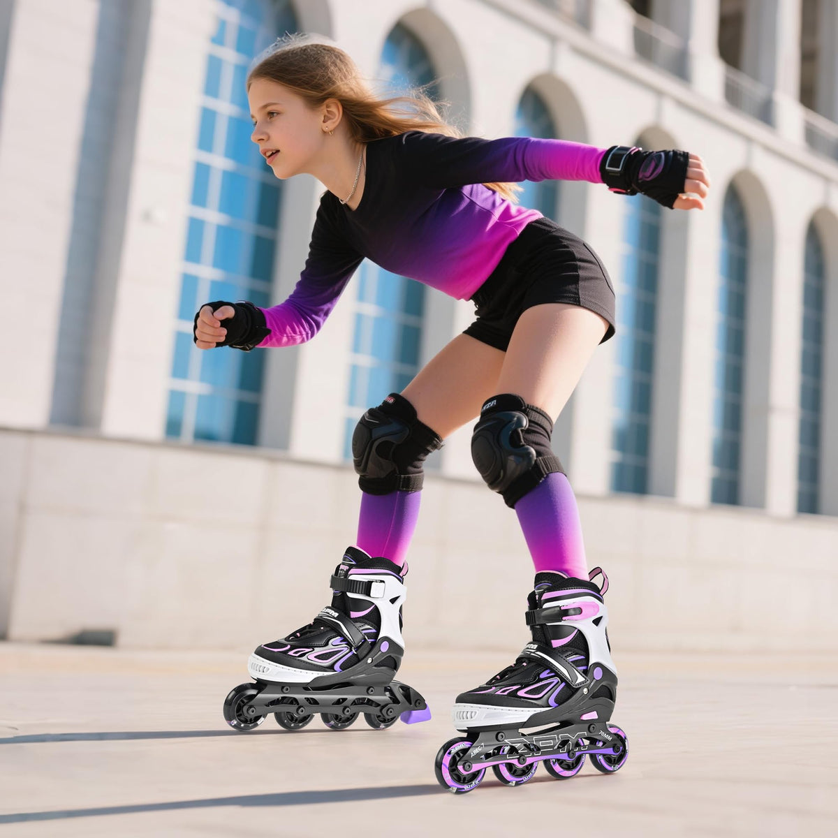 2PM SPORTS Vinal Inline Skates for Girls Boys Kids Ages 5-8 8-12 with Adjustable Illuminating Wheels, Inline Roller Skates for Youth Women Men - Purple Pink Extra Large