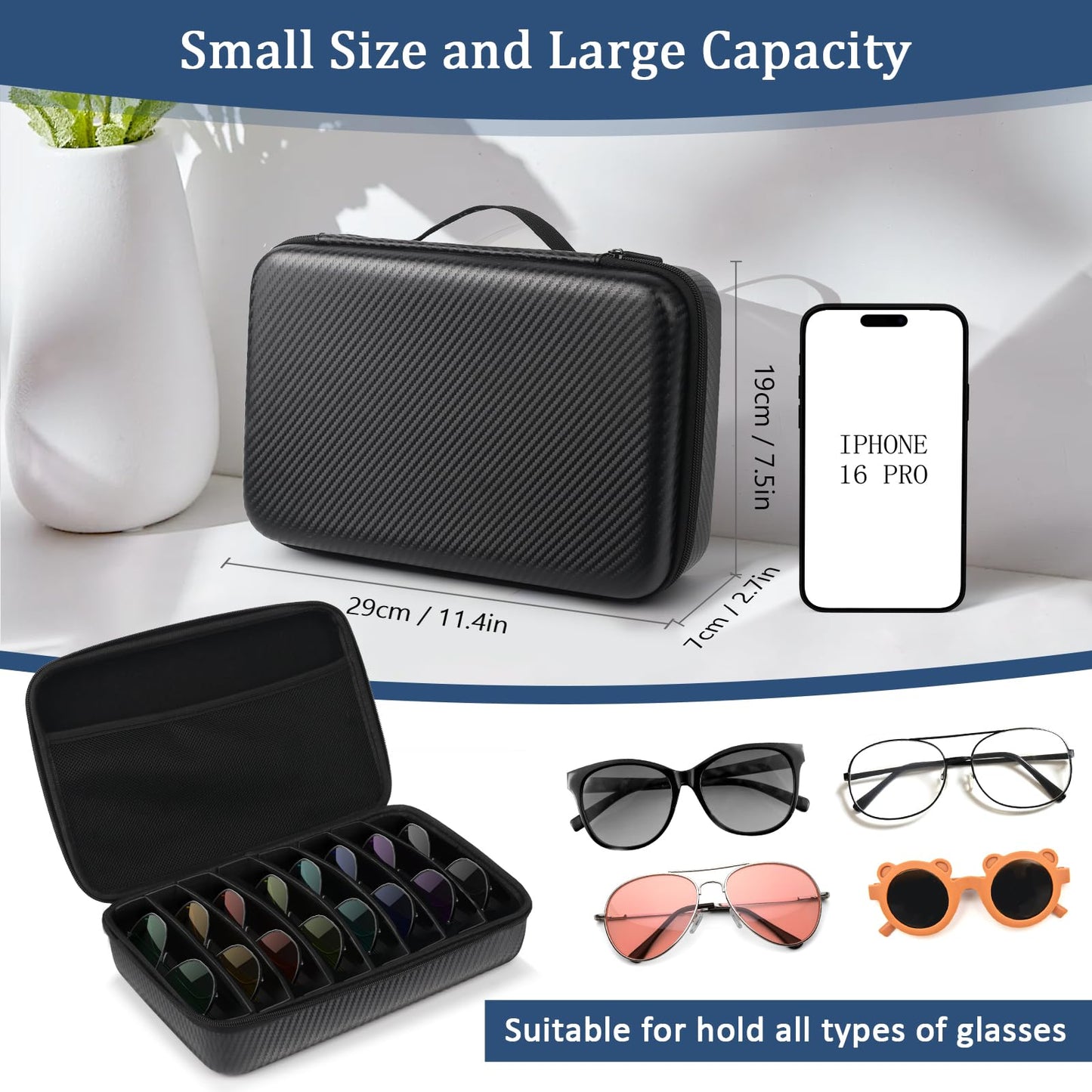 Vecxoty Black Travel Sunglasses Organizer For 8 Pairs, EVA Hard ShellSunglass Case with Soft Lining & Adjustable Slot for Secure Multiple Sunglasses Storage, Portable Eyeglass Case for Men Women