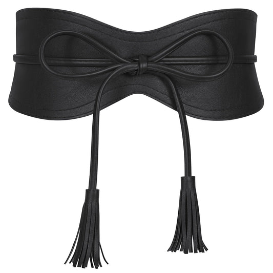 XZQTIVE Women Wide Belt for Dress Fashion Ladies Cinch Obi Belt Waistband with Tassel Tie, Black(M Fits Waist Size 29"-38")
