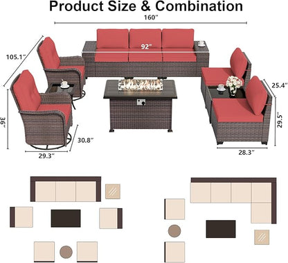 ALAULM 10 Pieces Patio Furniture Set with 2 Swivel Chairs Patio Furniture Outdoor Sectional Sofas with 55000 Gas Fire Pit Patio Conversation Set w/7 Cushions-Red